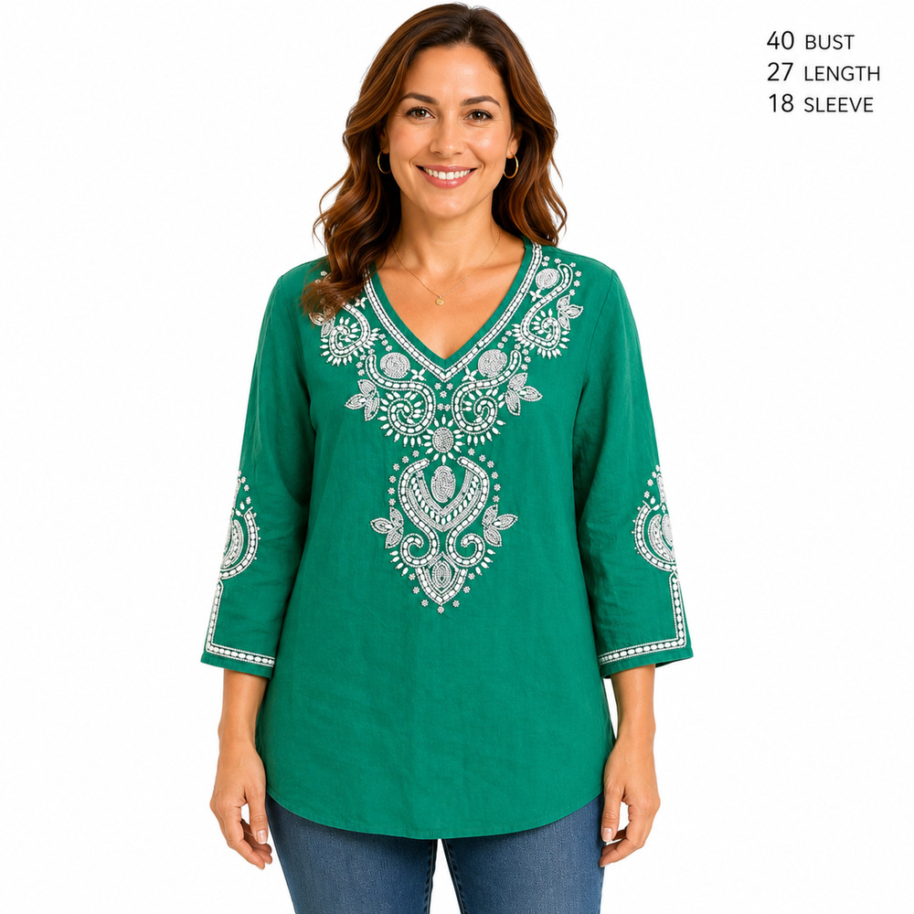 Chicos Green White Beaded Linen Blend V-Neck 3/4 Sleeve Top Tunic sz 1 / M